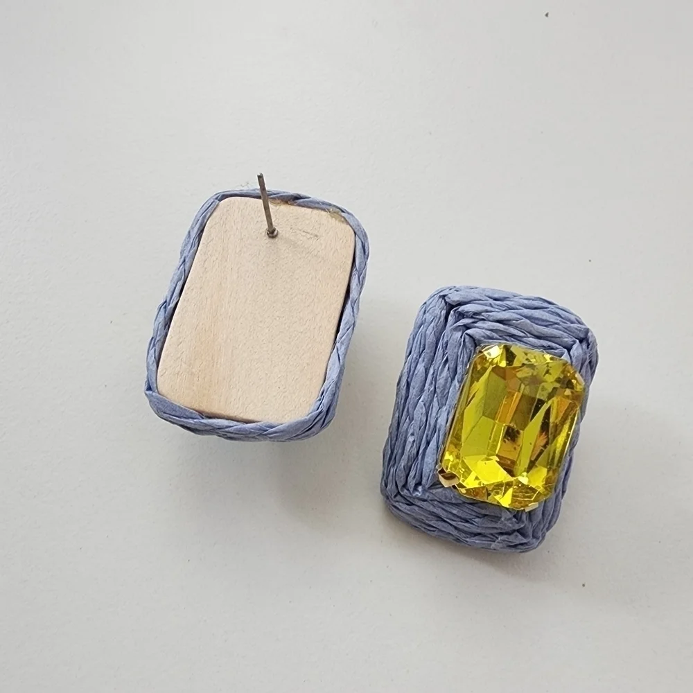 NWT Blue Yellow Raffia Emerald Cut Stone Colorful Rectangle Earrings